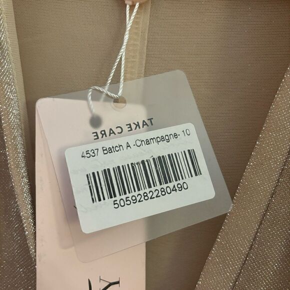 Oh Polly NWT Champagne Rose Gold Shimmer Deep V Stretch Mini Dress Size 6 - Picture 9 of 9